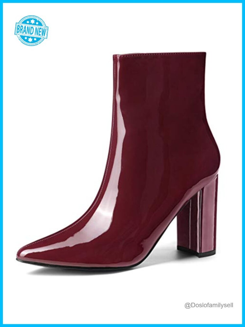 Patent Leather Ankle Boots Chunky Block Heel Pointed Toe Zipper Booties